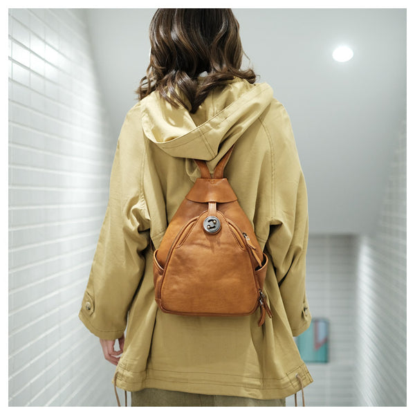 Cool Ladies Brown Leather Backpack Purse Small Rucksack For Women Brown
