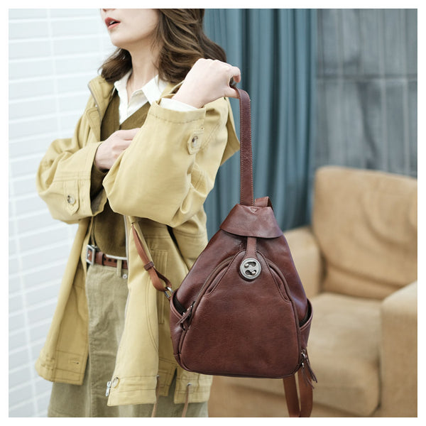 Cool Ladies Brown Leather Backpack Purse Small Rucksack For Women Cute