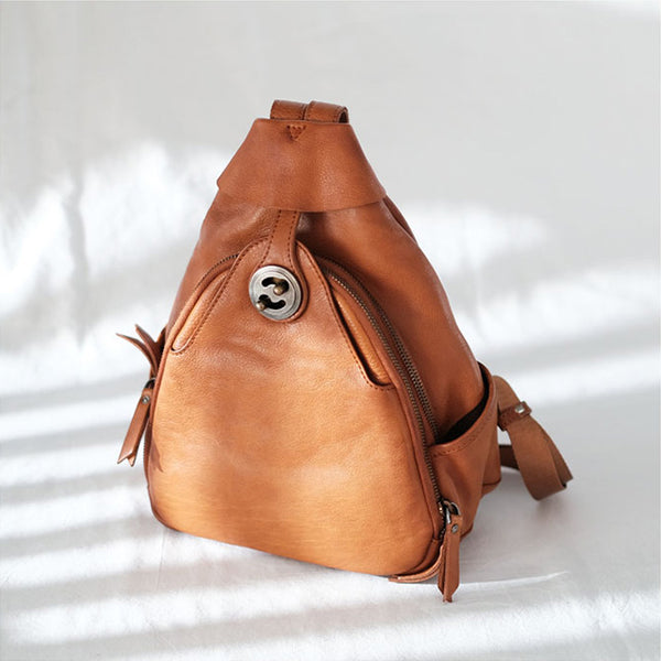 Cool Ladies Brown Leather Backpack Purse Small Rucksack For Women Funky