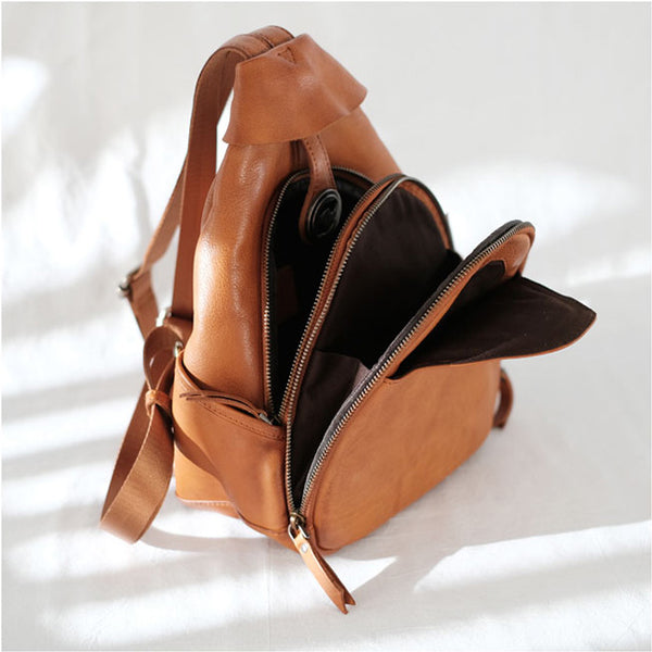 Cool Ladies Brown Leather Backpack Purse Small Rucksack For Women Genuine-Leather
