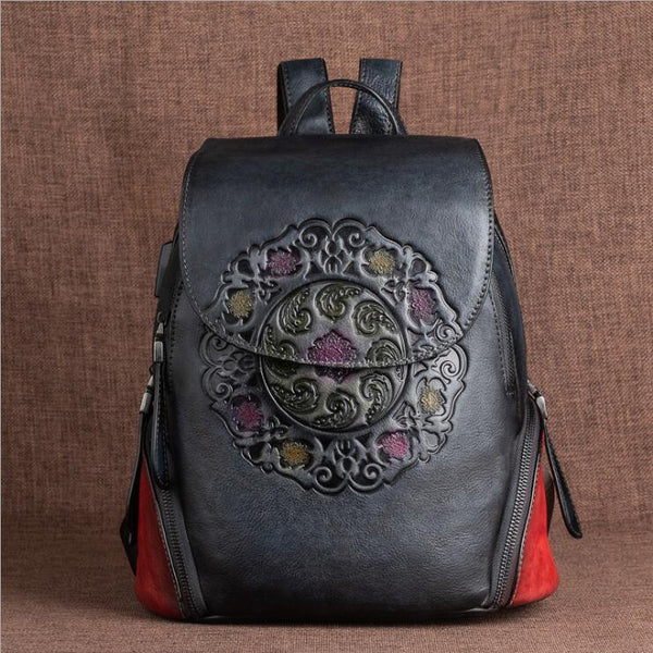Cool Ladies Embossed leather Backpack Purse With Built In Universal USB Port For Women Badass