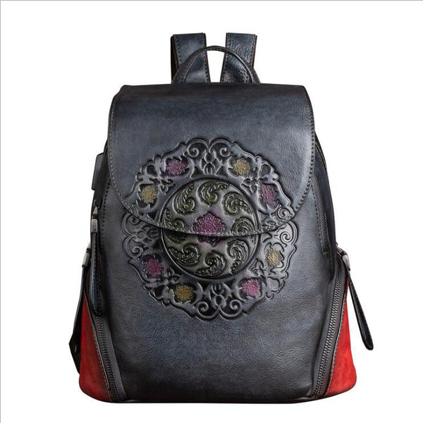 Cool Ladies Embossed leather Backpack Purse With Built In Universal USB Port For Women Black