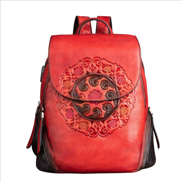 Cool Ladies Embossed leather Backpack Purse With Built In Universal USB Port For Women Cute