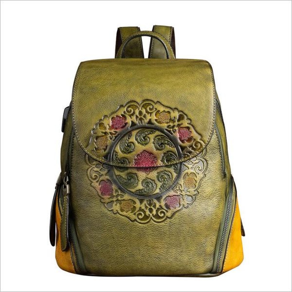 Cool Ladies Embossed leather Backpack Purse With Built In Universal USB Port For Women Designer