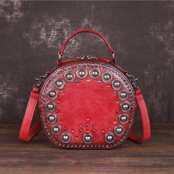Cool Ladies Rivets Leather Circle Bag Crossbody Purse For Women Accessories