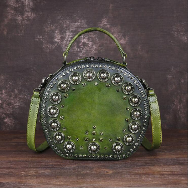 Cool Ladies Rivets Leather Circle Bag Crossbody Purse For Women Affordable