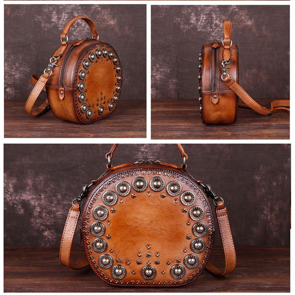 Cool Ladies Rivets Leather Circle Bag Crossbody Purse For Women Brown