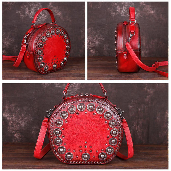 Cool Ladies Rivets Leather Circle Bag Crossbody Purse For Women Chic