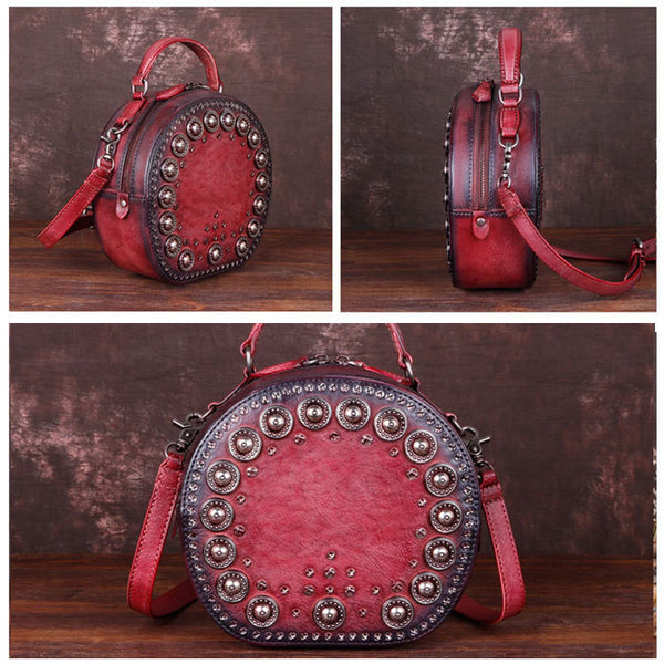Cool Ladies Rivets Leather Circle Bag Crossbody Purse For Women Cowhide