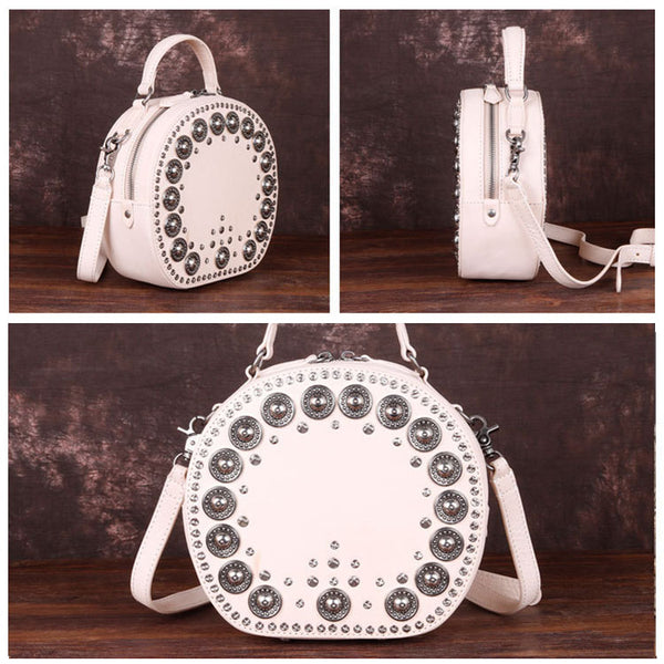 Cool Ladies Rivets Leather Circle Bag Crossbody Purse For Women Cute