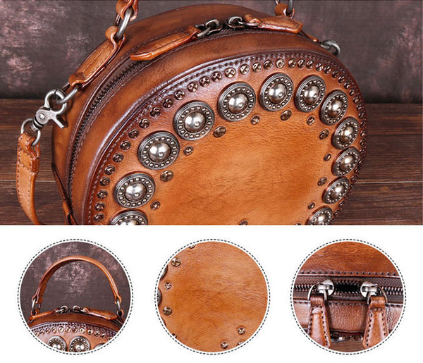 Cool Ladies Rivets Leather Circle Bag Crossbody Purse For Women Details