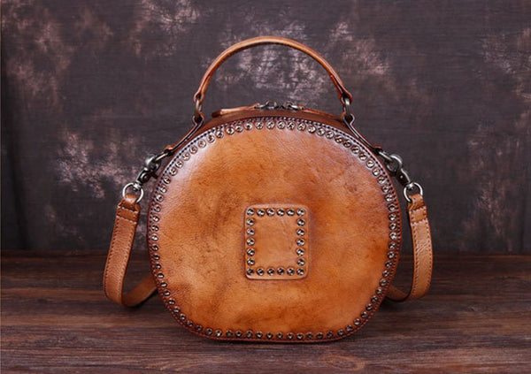 Cool Ladies Rivets Leather Circle Bag Crossbody Purse For Women Funky