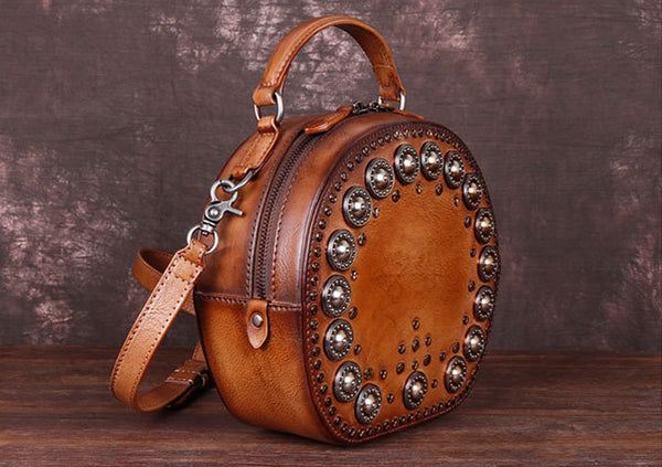 Cool Ladies Rivets Leather Circle Bag Crossbody Purse For Women Genuine Leather
