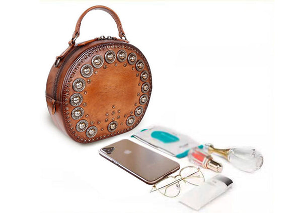 Cool Ladies Rivets Leather Circle Bag Crossbody Purse For Women Gift