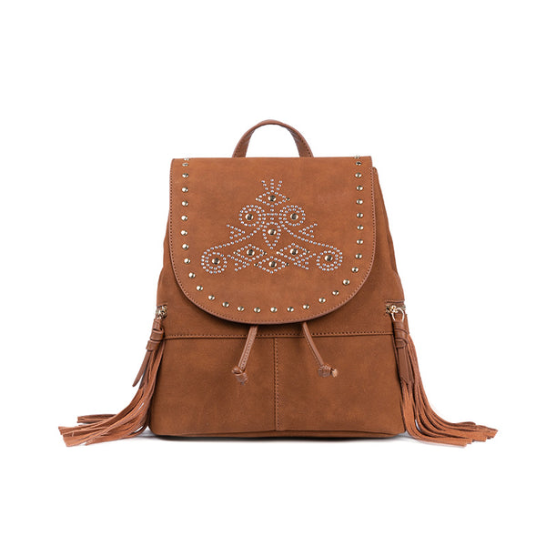Cool Ladies Western Brown Vegan Leather Fringe Backpack Purse For Women