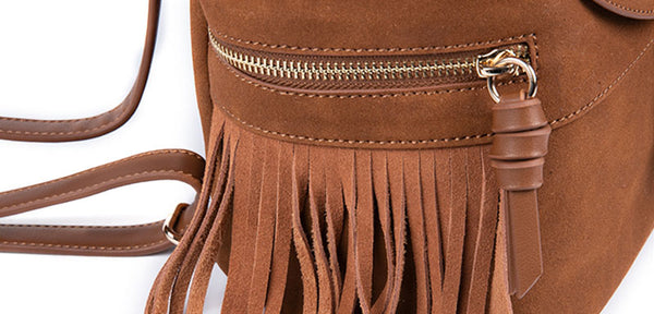 Cool Ladies Western Brown Vegan Leather Fringe Backpack Purse For Women Details
