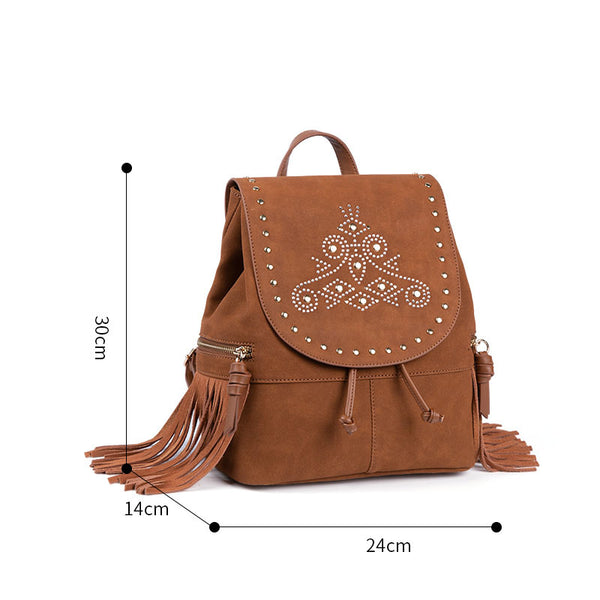 Cool Ladies Western Brown Vegan Leather Fringe Backpack Purse For Women Quality