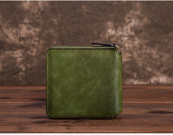 Cool Leather Womens Short Zip Wallet Small Wallets for Women green details