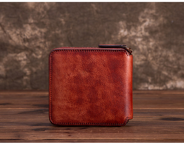 Cool Leather Womens Short Zip Wallet Small Wallets for Women red details