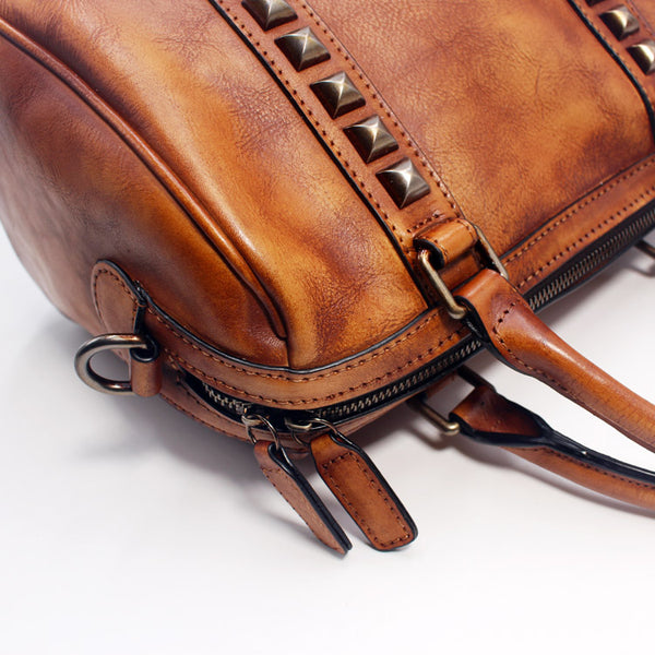 Cool Rivets Womens Handbags Brown Leather Shoulder Bag for Women Boutique