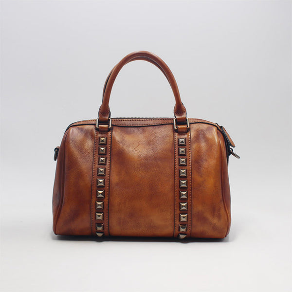 Cool Rivets Womens Handbags Brown Leather Shoulder Bag for Women Brown