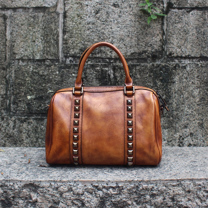 Cool Rivets Womens Handbags Brown Leather Shoulder Bag for Women