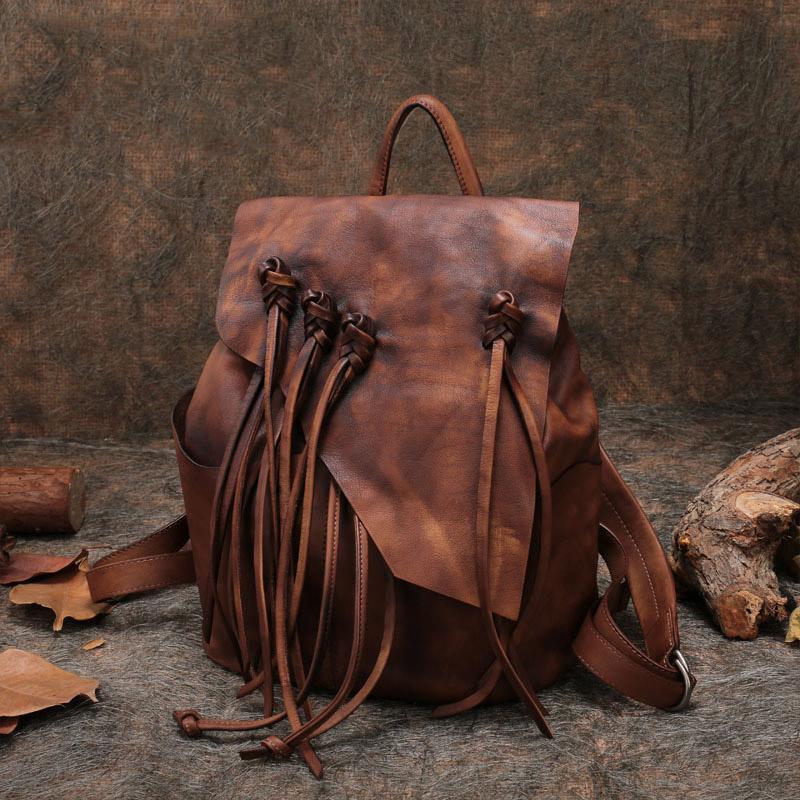 13 Medium Ladies Brown Leather Fringe Backpack Purse Cool Book Bags for  Women