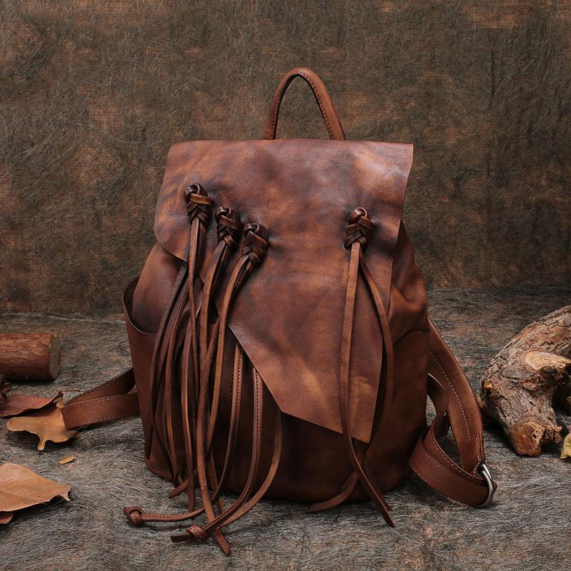 brown leather designer backpack 13" Medium Ladies Brown Leather Fringe Backpack Purse Cool Book Bags f – igemstonejewelry