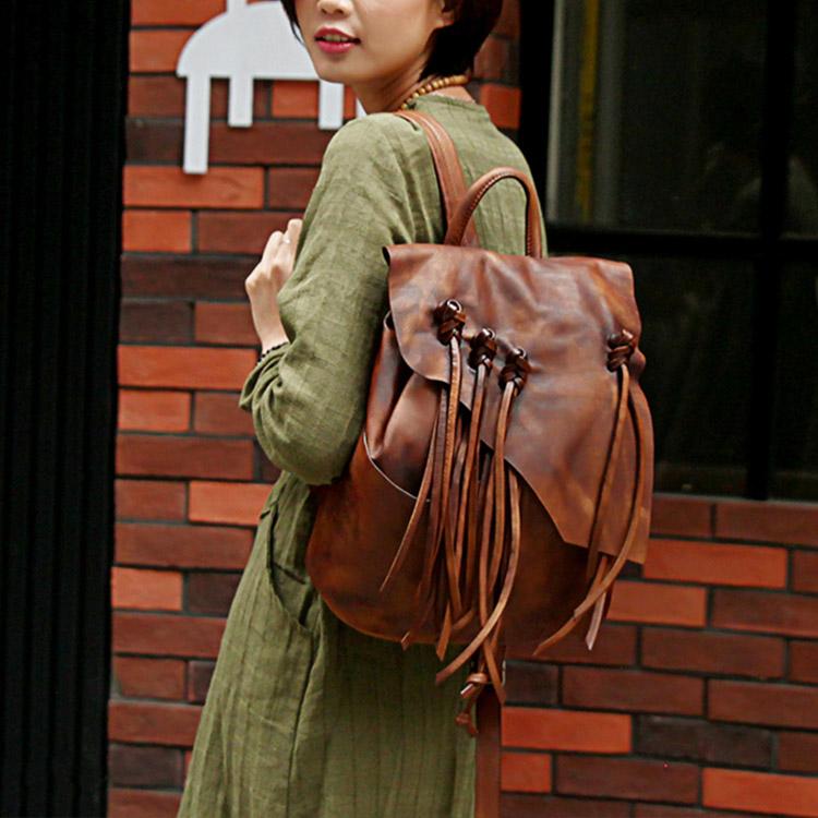 designer leather 18 backpacks 13" Medium Ladies Brown Leather Fringe Backpack Purse Cool Book Bags f – igemstonejewelry