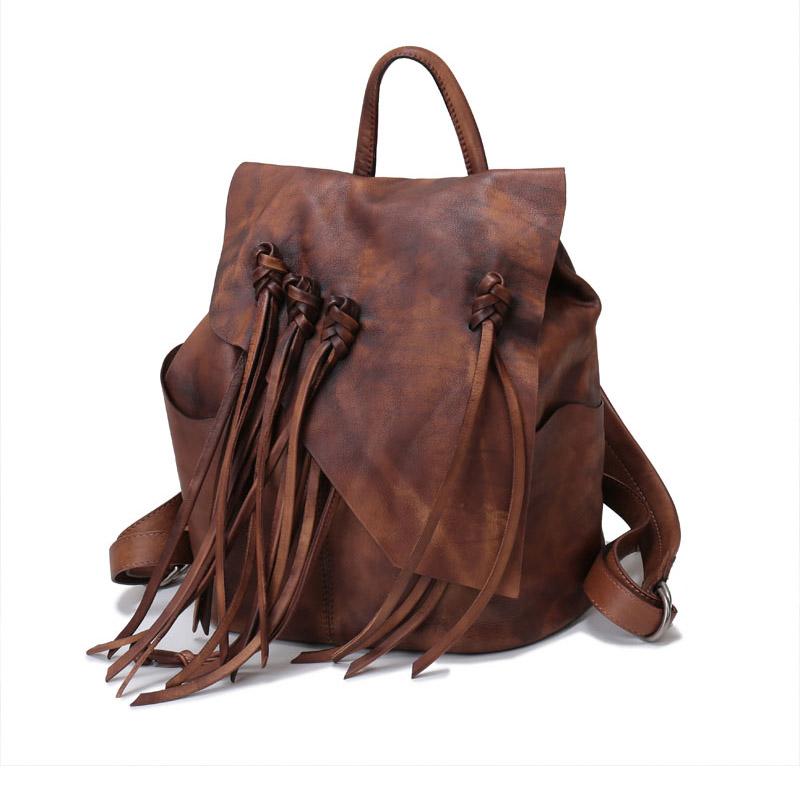 designer leather fringe backpack 13" Medium Ladies Brown Leather Fringe Backpack Purse Cool Book Bags for Women