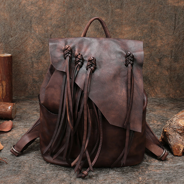 13" Medium Ladies Brown Leather Fringe Backpack Purse Cool Book Bags for Women