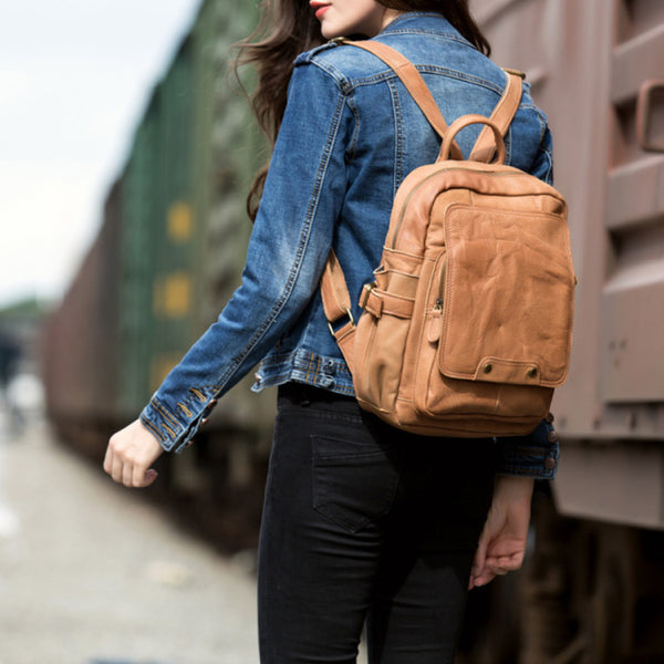 Cool Womens Brown Genuine Leather Backpack Purse Small Rucksack Bags For Women Designer
