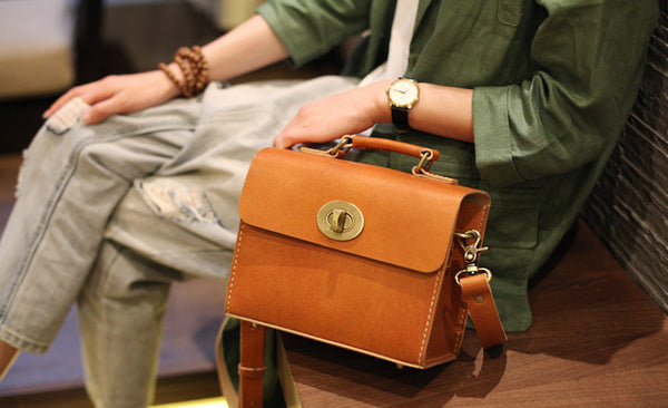 Cube Bag Womens Brown Leather Satchel Bag Handbags Crossbody Bags Genuine Leather