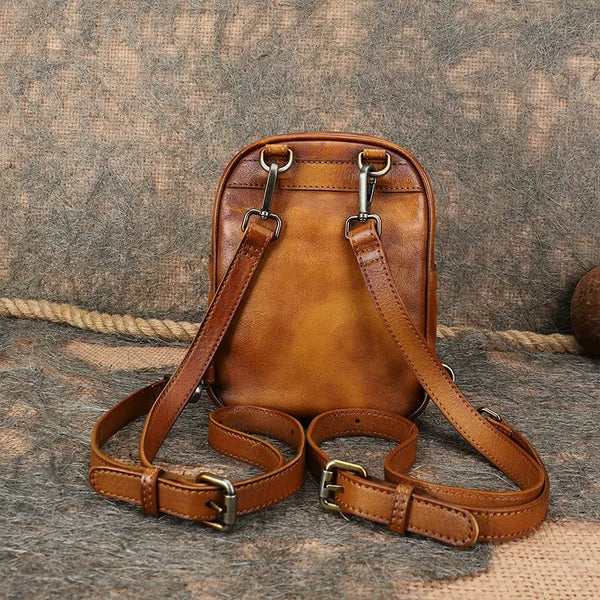 Cute Brown Leather Womens Backpack Mini Rucksack For Women Back