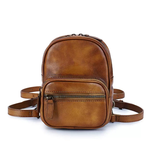 Cute Brown Leather Womens Backpack Mini Rucksack For Women Badass