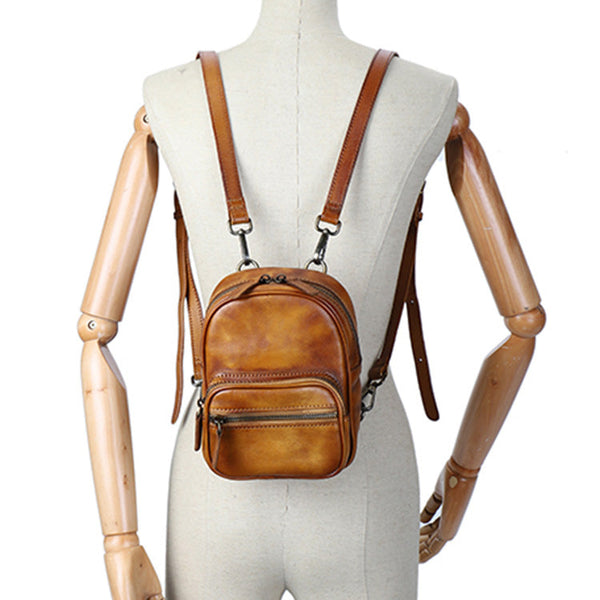 Cute Brown Leather Womens Backpack Mini Rucksack For Women Brown