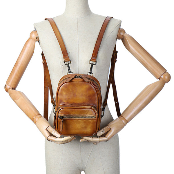 Cute Brown Leather Womens Backpack Mini Rucksack For Women Chic