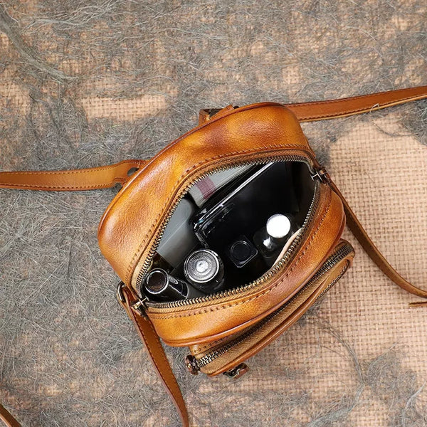 Cute Brown Leather Womens Backpack Mini Rucksack For Women Inside