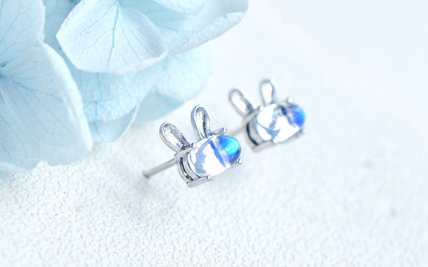Cute Bunny Sterling Silver Moonstone Stud Earrings June Birthstone Stud Earrings For Women Designer
