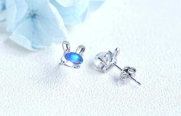 Cute Bunny Sterling Silver Moonstone Stud Earrings June Birthstone Stud Earrings For Women Fashion