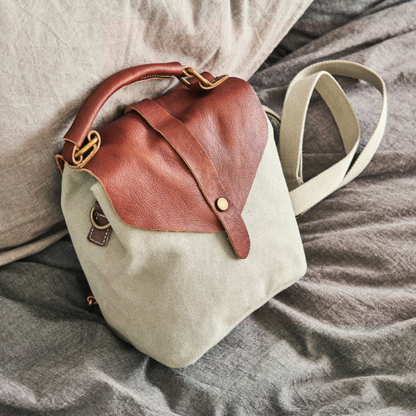 Cute Canvas and Leather Rucksack Backpack Shoulder Handbags for Women Brown