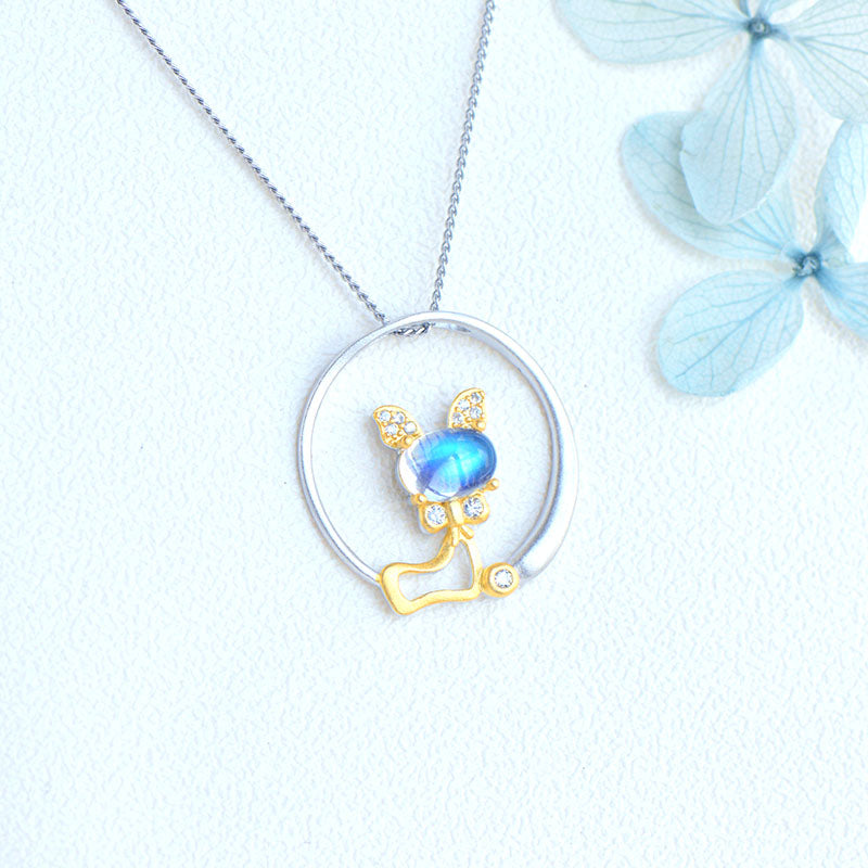 Cute Cat Shaped Gold Plated Sterling Silver Blue Moonstone Necklace June Birthstone Pendant Necklace For Women Accessories