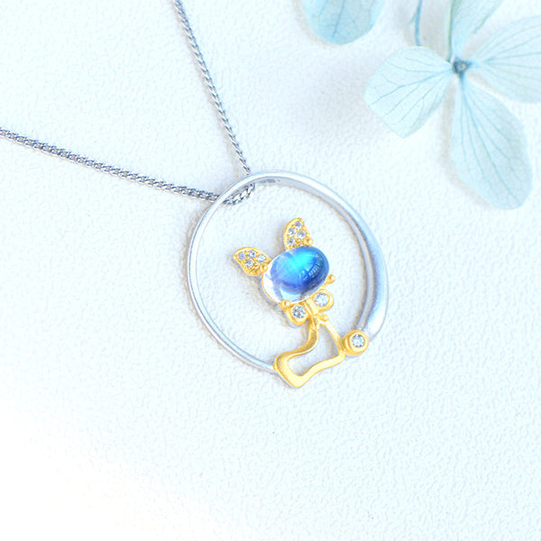 Cute Cat Shaped Gold Plated Sterling Silver Blue Moonstone Necklace June Birthstone Pendant Necklace For Women