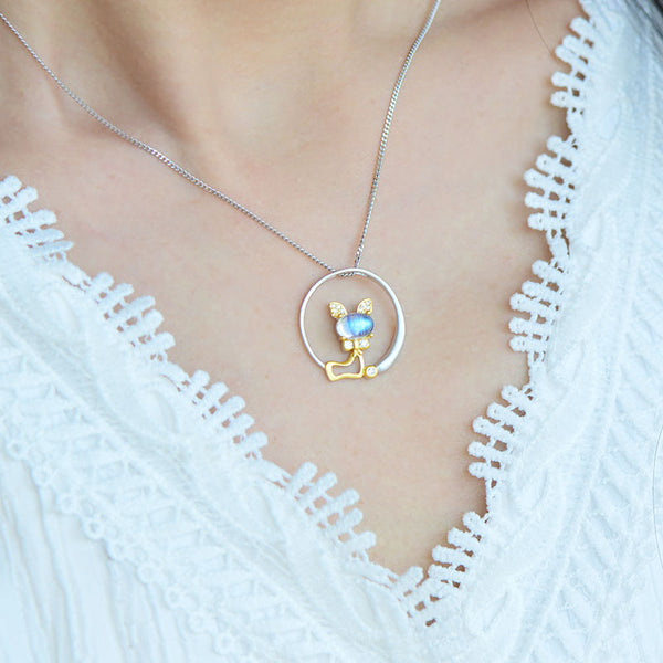 Cute Cat Shaped Gold Plated Sterling Silver Blue Moonstone Necklace June Birthstone Pendant Necklace For Women Beautiful