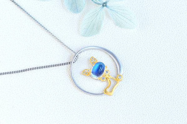 Cute Cat Shaped Gold Plated Sterling Silver Blue Moonstone Necklace June Birthstone Pendant Necklace For Women Chic