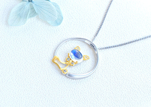 Cute Cat Shaped Gold Plated Sterling Silver Blue Moonstone Necklace June Birthstone Pendant Necklace For Women Designer