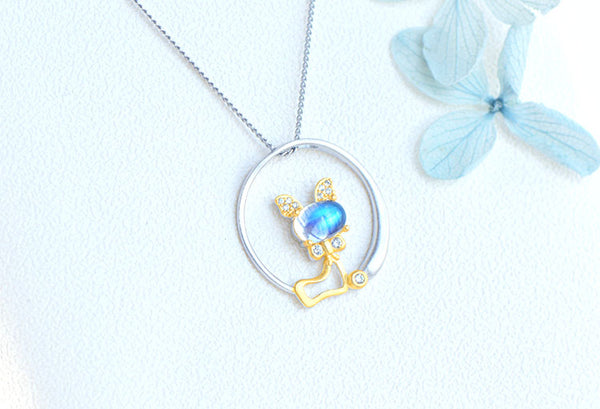 Cute Cat Shaped Gold Plated Sterling Silver Blue Moonstone Necklace June Birthstone Pendant Necklace For Women Details
