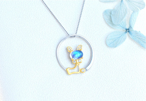 Cute Cat Shaped Gold Plated Sterling Silver Blue Moonstone Necklace June Birthstone Pendant Necklace For Women Fashion