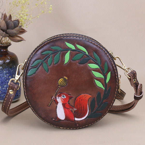 Cute Embossed Leather Circle Bag Hand Painted Side Bags For Women Affordable