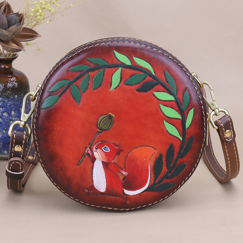 Cute Embossed Leather Circle Bag Hand Painted Side Bags for Women, Red